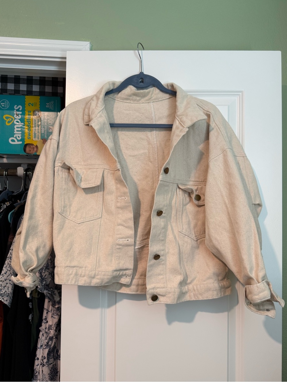 Cream Cropped Denim Jacket